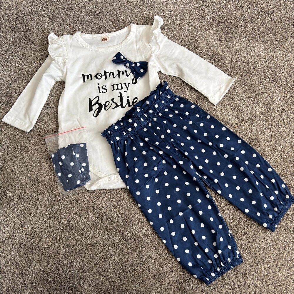 Infant Blue/White Bodysuit High Waist Polka Dot Pant Set w/Headband 12-18mos.